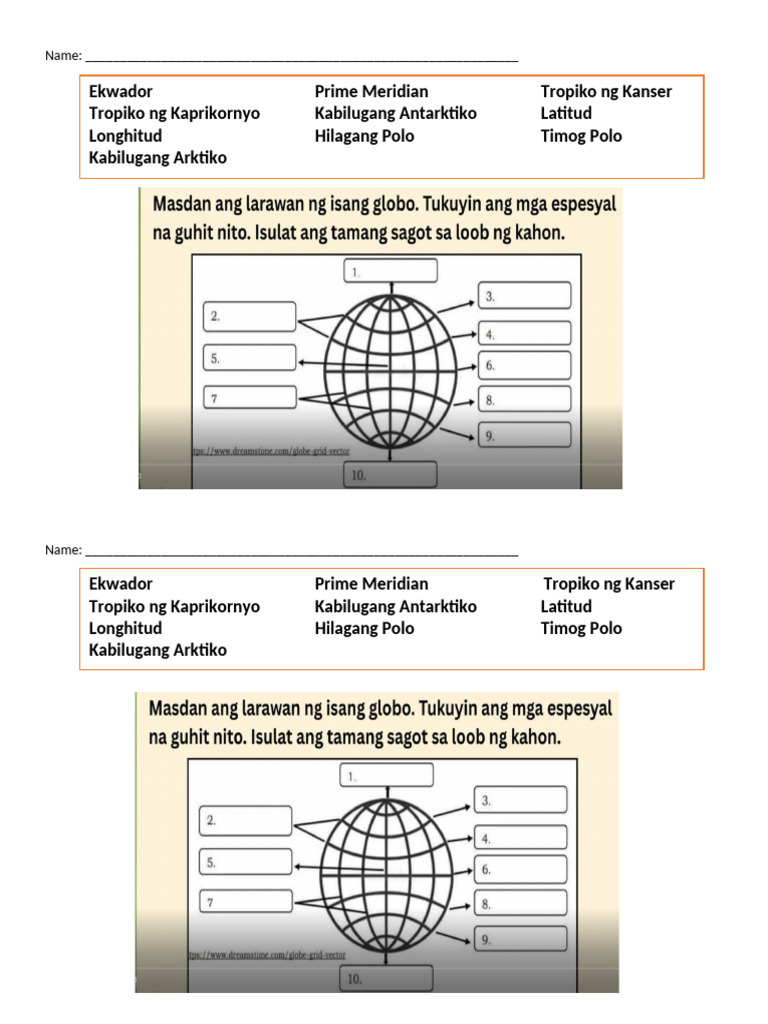 Parts of Globe Worksheets | PDF