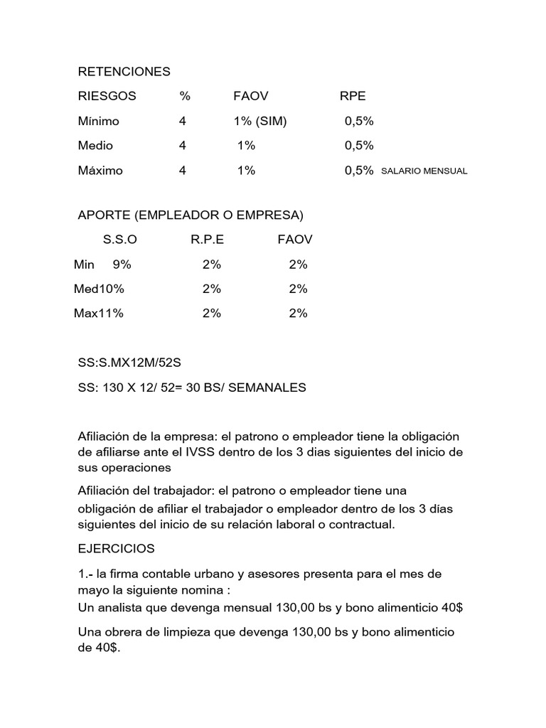 Cálculo de Retenciones y Aportes Laborales | PDF | Derecho laboral ...