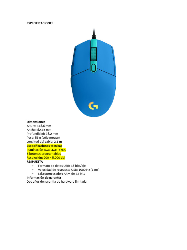 Especificaciones del Mouse RGB | PDF
