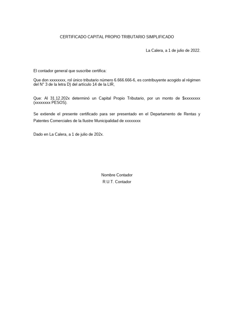 Certificado Capital Propio Tributario | PDF