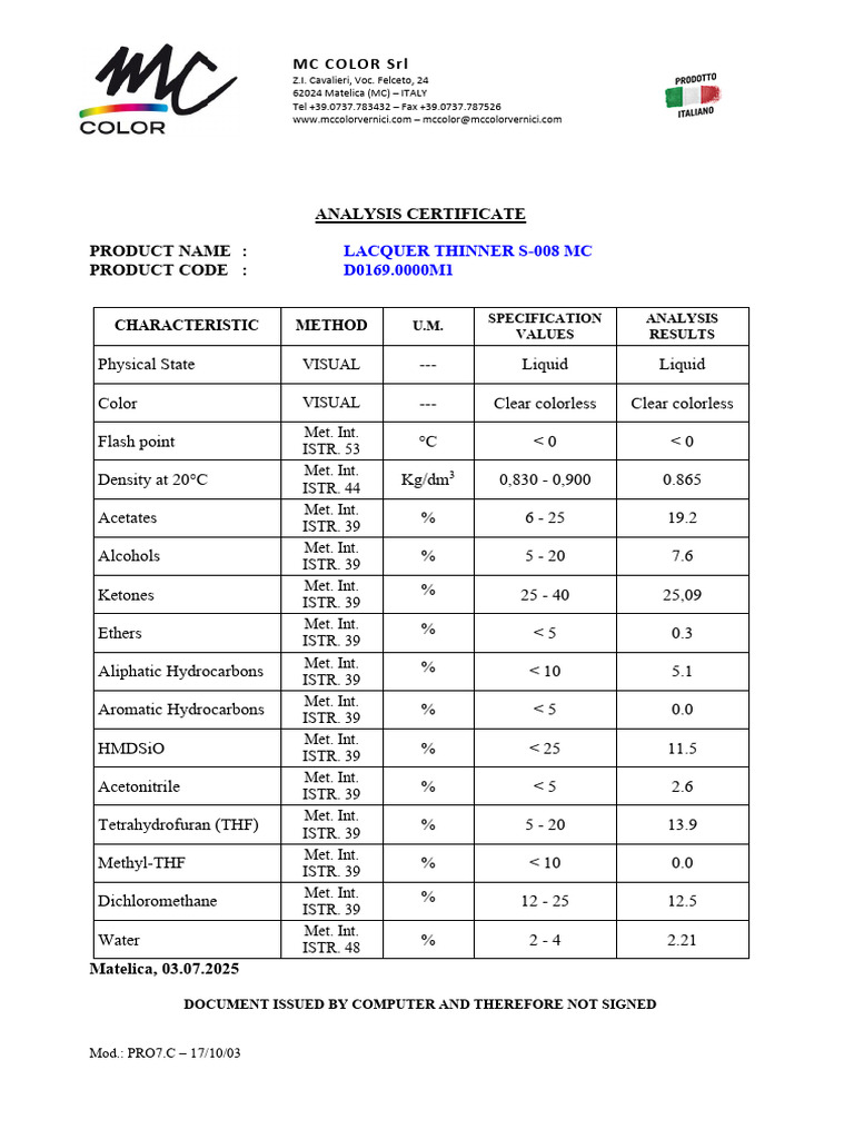 Lacquer Thinner S-008 MC Analysis Report | PDF