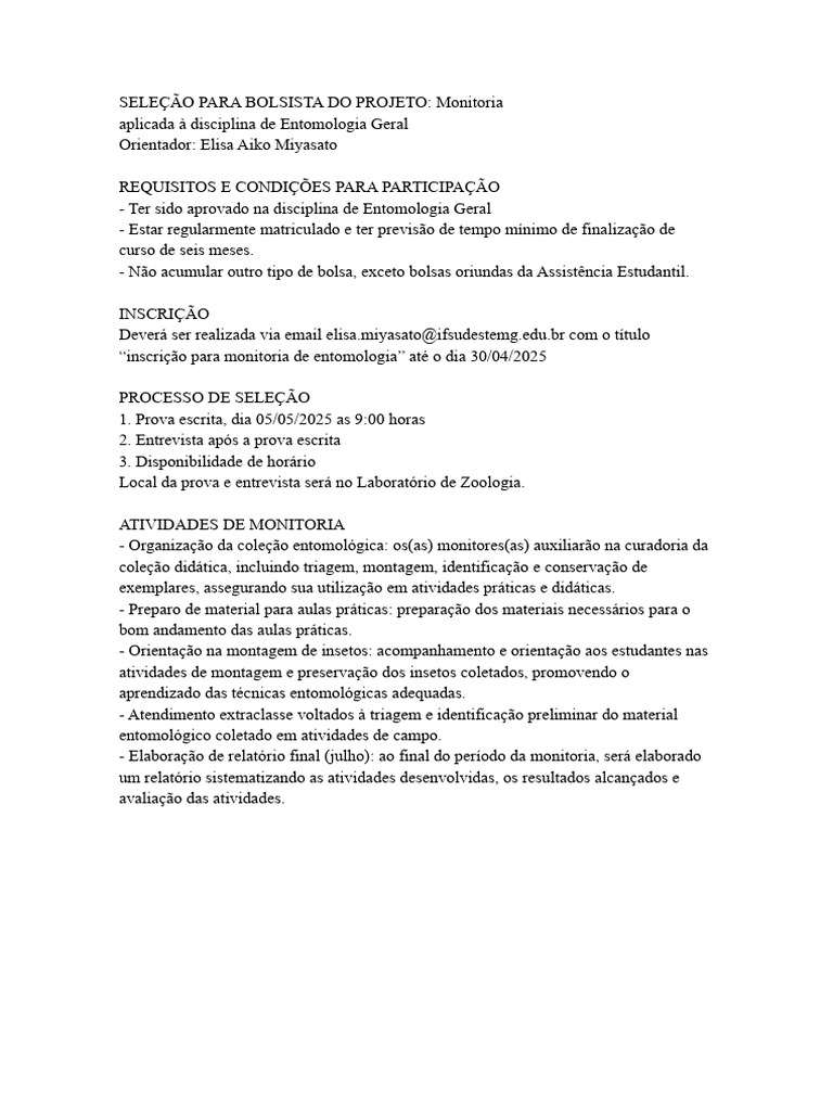 Seleção para Monitoria em Entomologia | PDF
