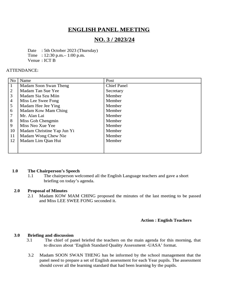 English Panel Meeting No. 3 Summary | PDF