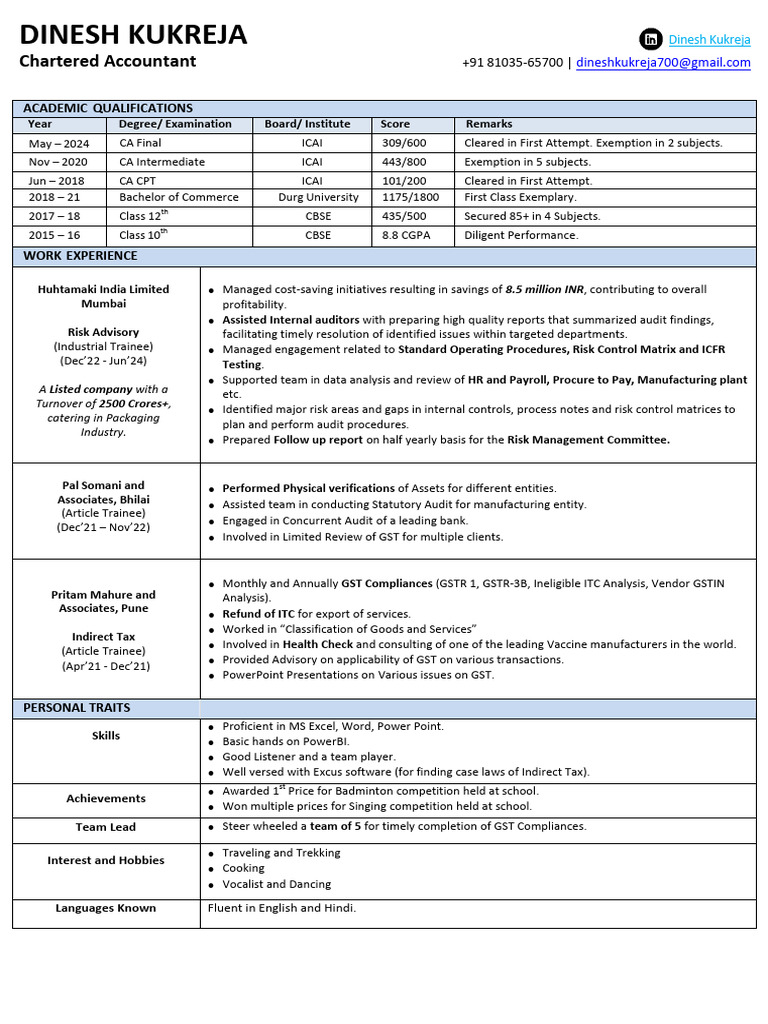 Dinesh Kukreja: Chartered Accountant Profile | PDF | Audit | Accounting