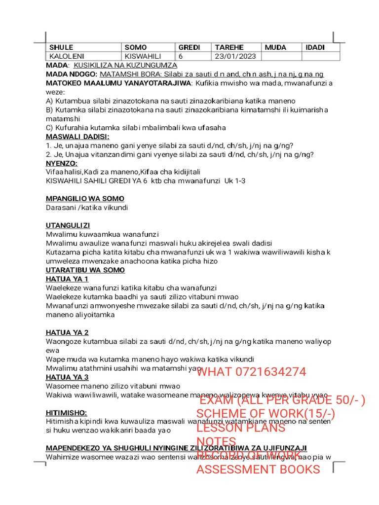 Grade 6 Kiswahili Lesson Plans Term 1 2 and 3 Kiswahili Sahili Phoenix ...