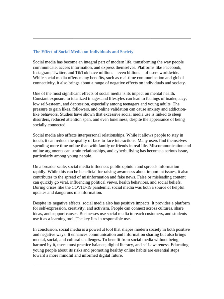 Social Media's Impact on Society and Mental Health | PDF | Social Media ...