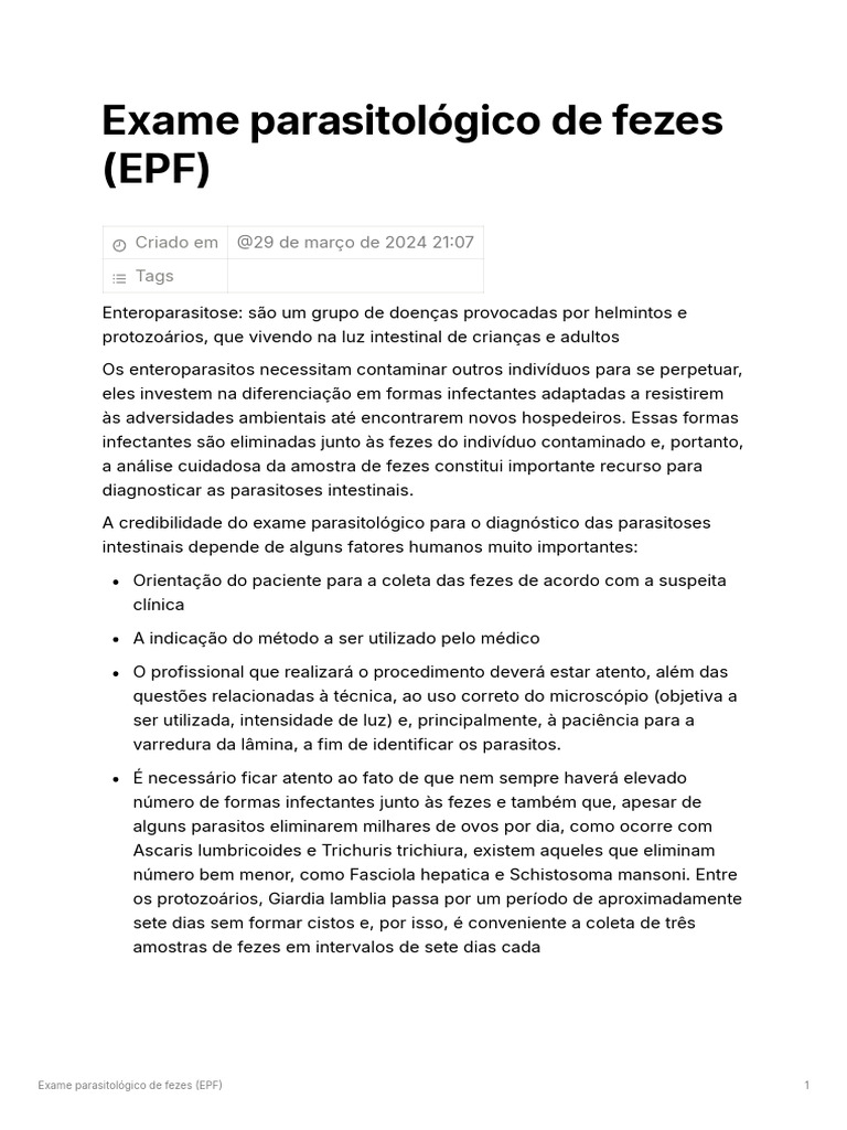 Exame Parasitolgico de Fezes (EPF) | PDF | Especialidades médicas