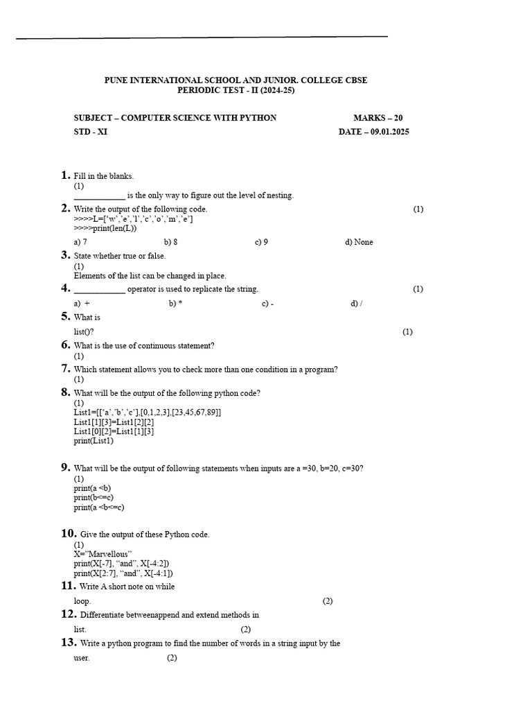 Computer Science Test for XI - Python | PDF