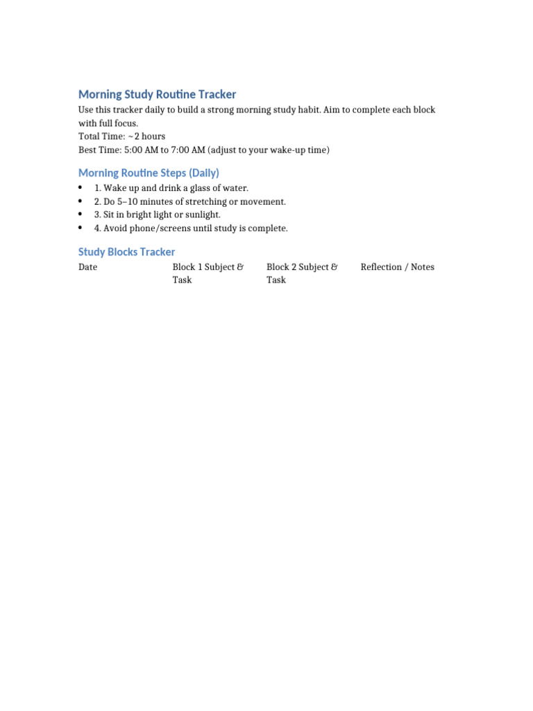 Morning Study Routine Tracker Guide | PDF