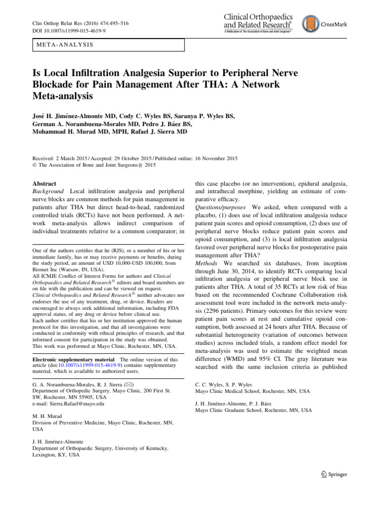 Local Infiltration vs Nerve Block for THA Pain | PDF | Systematic ...