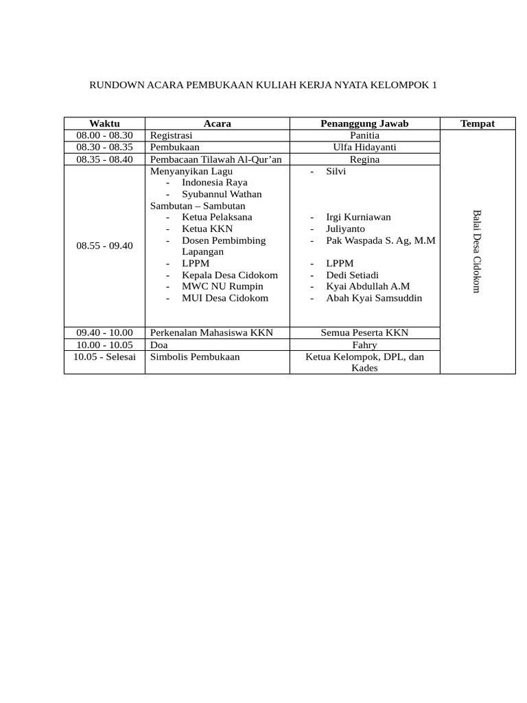 Rundown Acara Pembukaan KKN 2023 | PDF