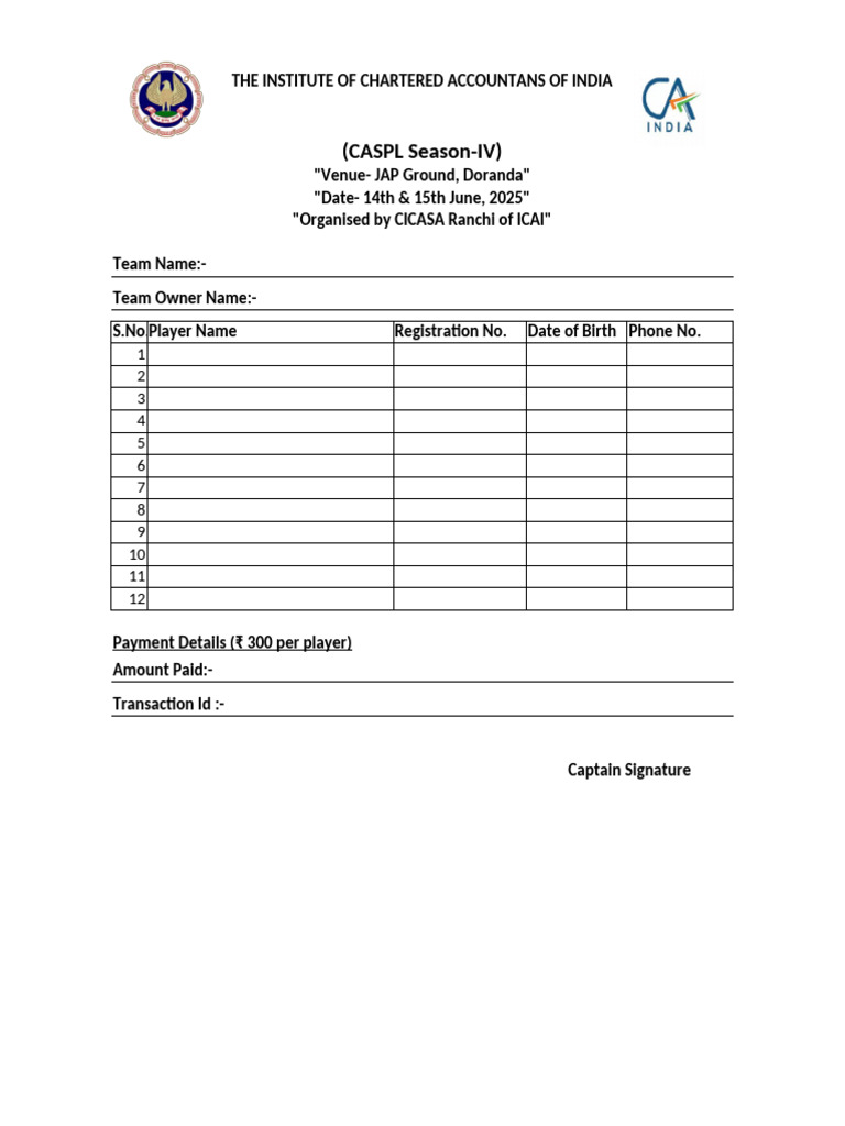 Charted Cricket TEAM REGISTRATION Format To Comply With Rules | PDF