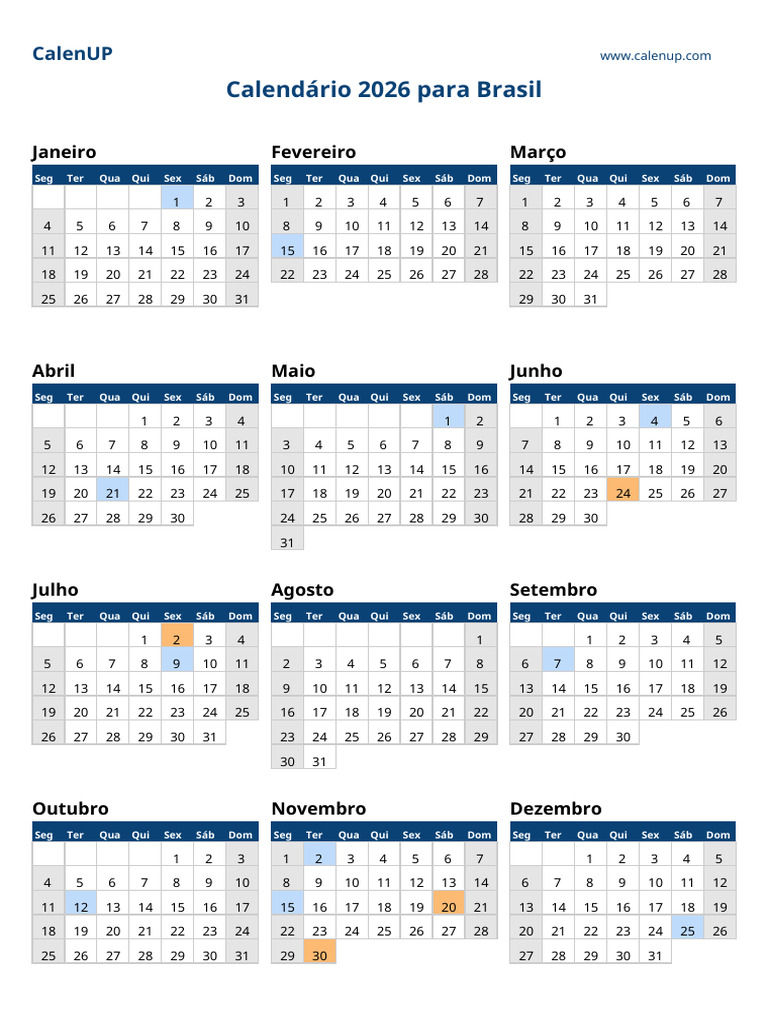 Calendário 2026 Brasil com Feriados | PDF