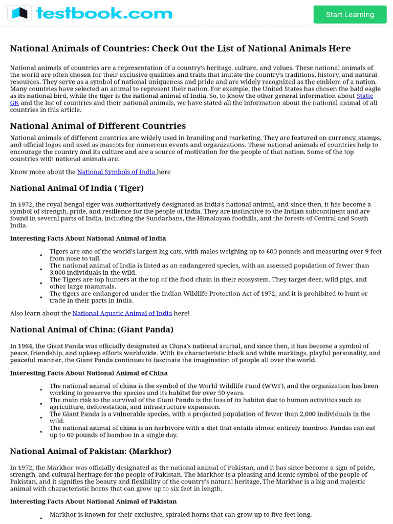 National Animals of Countries - Check Out National Animal List Here | PDF