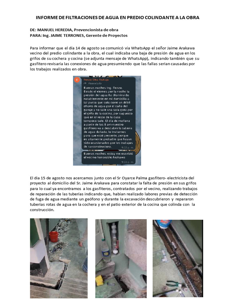 Informe de Filtraciones de Agua en Predio Colindante A La Obra | PDF