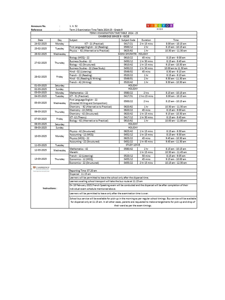 Grade 9 IGCSE Term II Exam Schedule | PDF