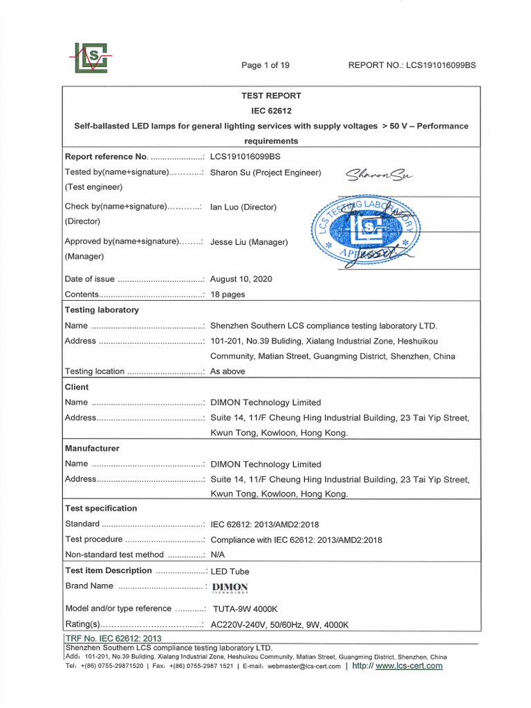 IEC 62612 Compliance Test Report | PDF | Light Emitting Diode | Metrology