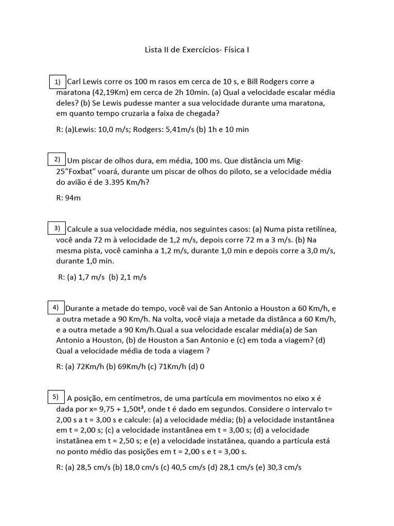 Exercícios de Velocidade e Movimento em Física | PDF | Aceleração ...