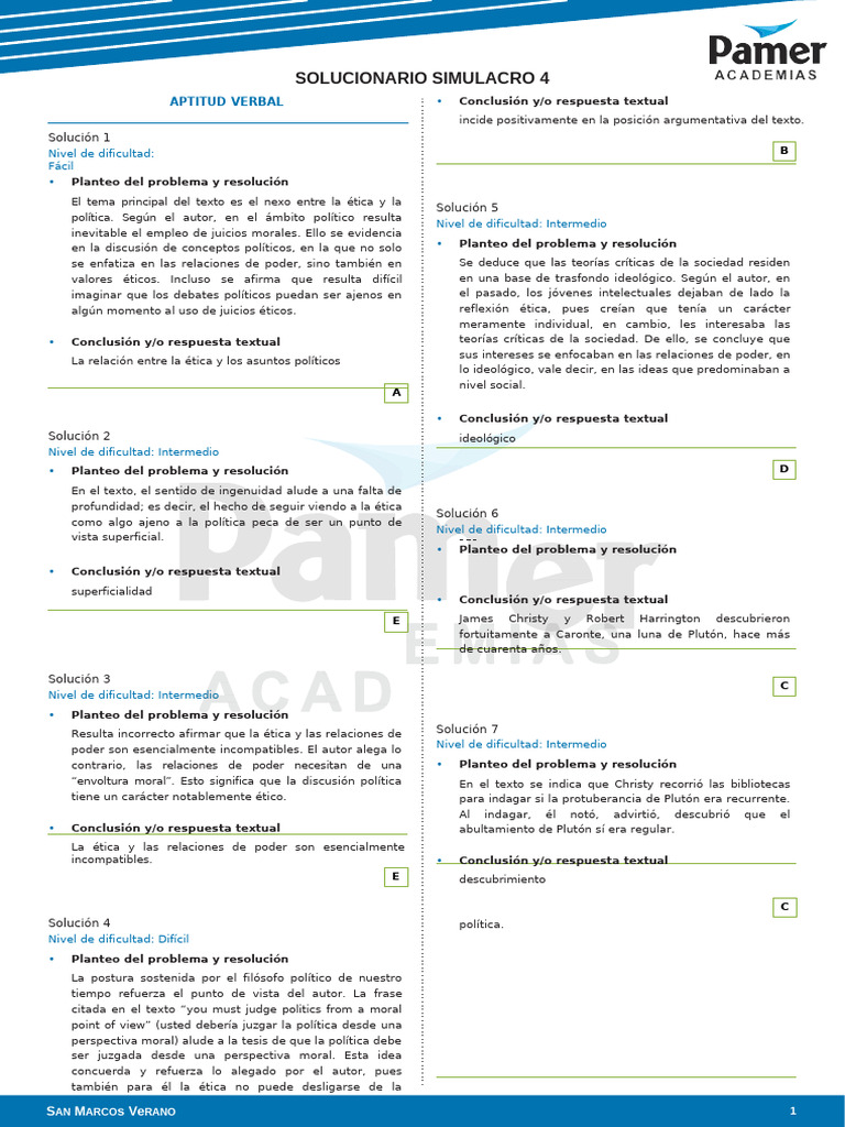 Solucionario Simulacro 4 San Marcos PDF Ideologías Plutón