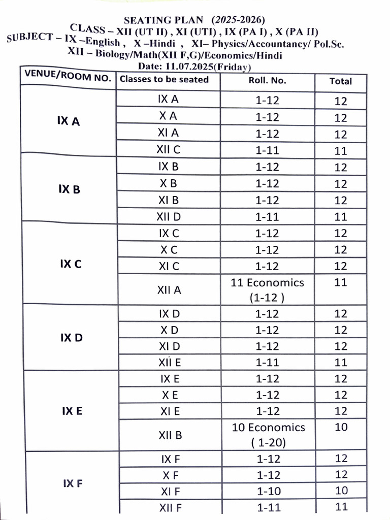 2025-2026 Class XII Seating Plan | PDF