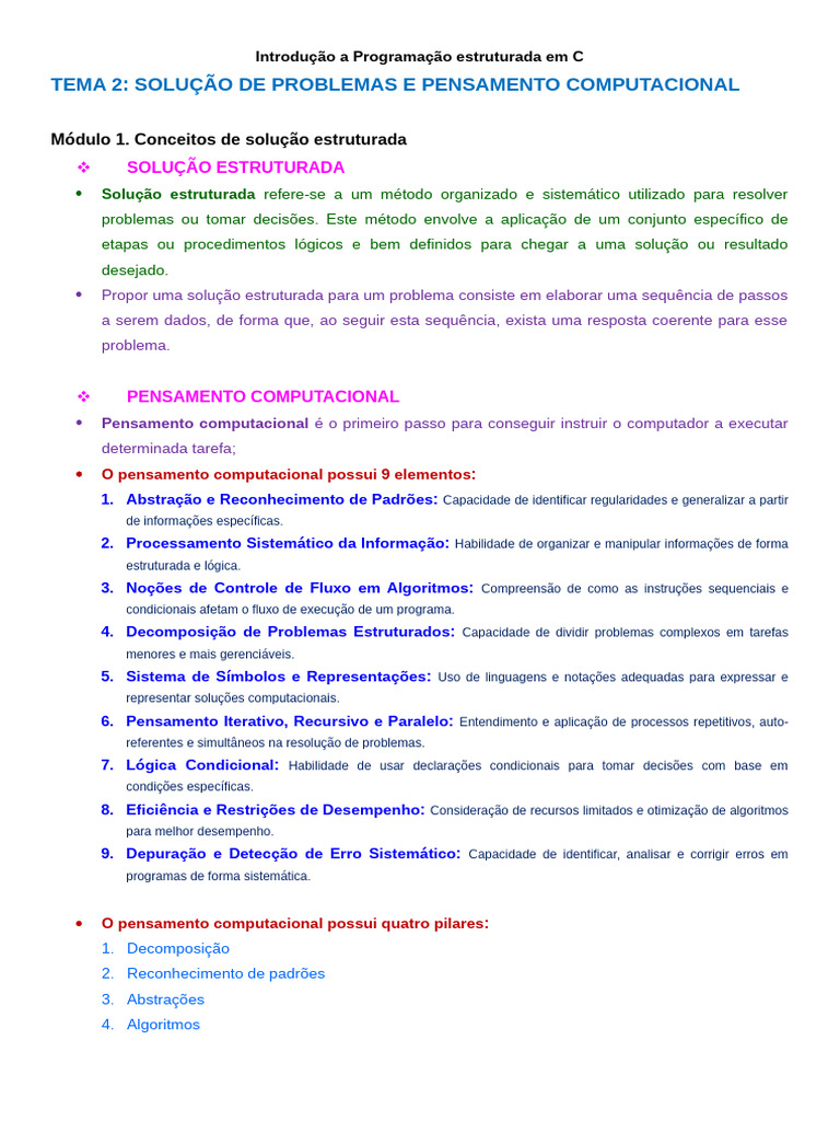 Resumo - Introdução a Programação Estruturada Em C - Estácio | PDF | C ...