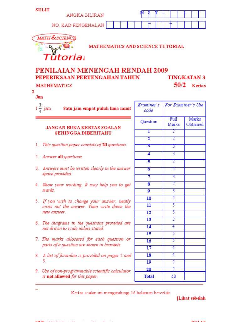 Midyear Mathematics Form 3 PMR  Area  Geometric Shapes