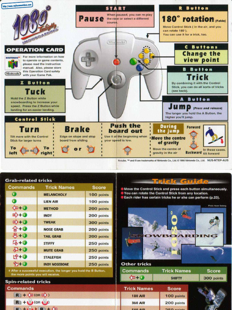 1080 Snowboarding - Quick Reference Card - N64 | PDF