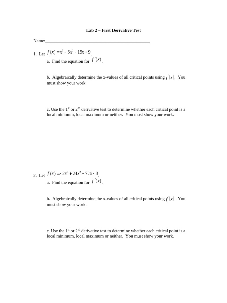 First Derivative Test Lab Exercises | PDF