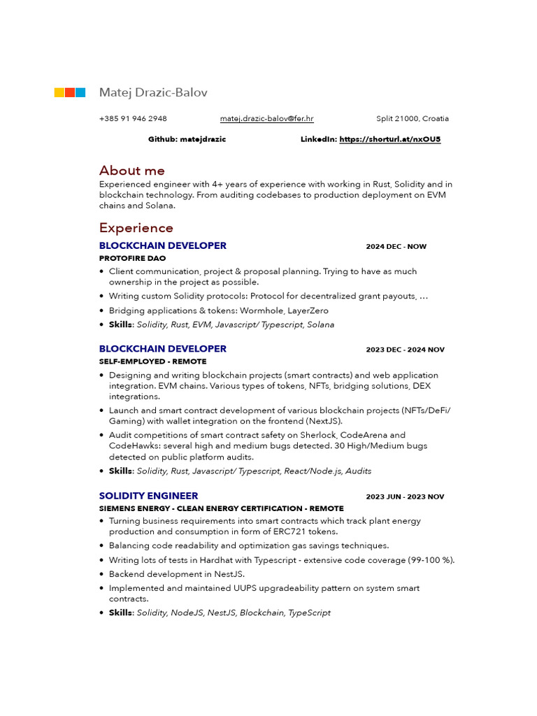 Blockchain Developer Resume: Solidity & Rust | PDF | Computing