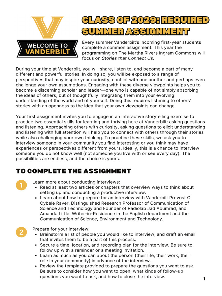 Vanderbilt Class of 2029 Summer Assignment | PDF | Interview | Cognition