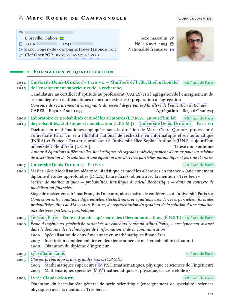 CV de Marc Roger de Campagnolle | PDF | Enseignants | Mathématiques