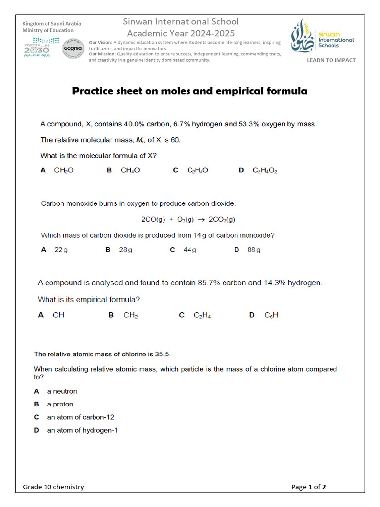 Grade 10 Chemistry: Moles & Empirical Formula | PDF