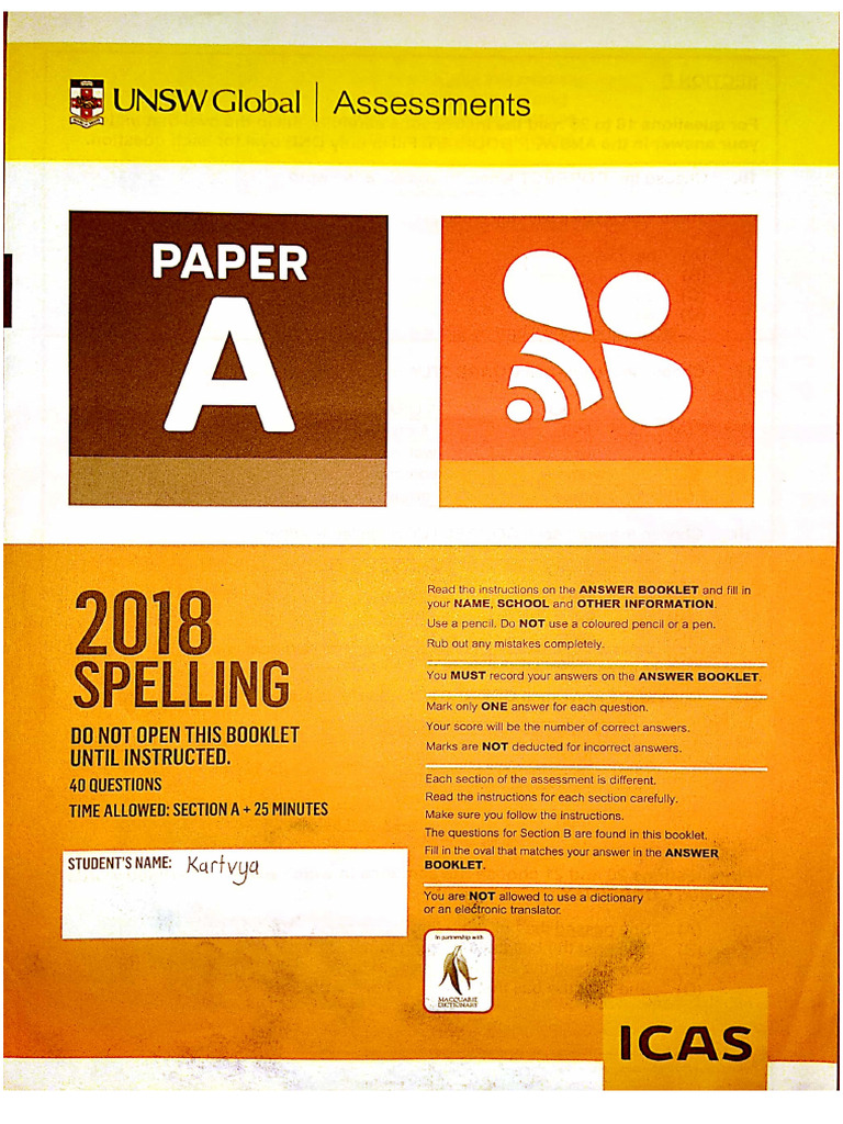 Yr 3 ICAS Spelling 2018 With Answers | PDF