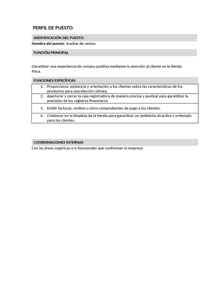 Descripción del Puesto: Auxiliar de Ventas | PDF