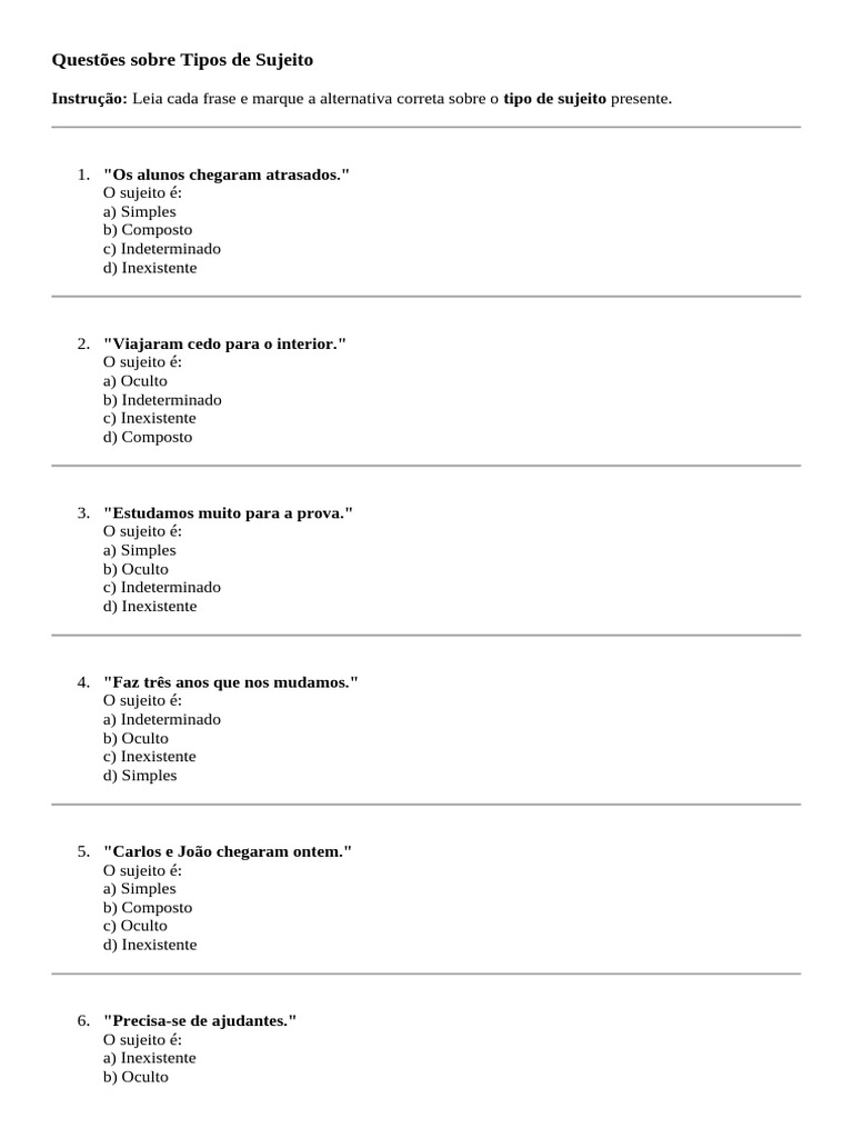 Tipos de Sujeito na Língua Portuguesa | PDF | Assunto (gramática)