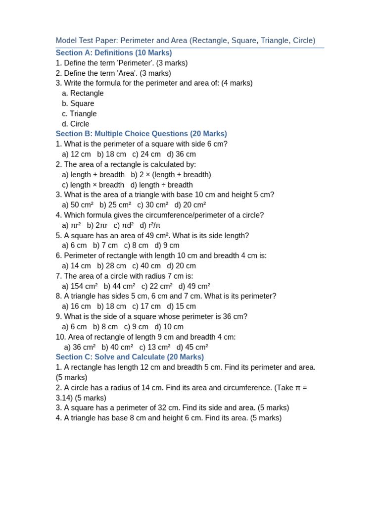 Perimeter and Area Model Test Paper | PDF