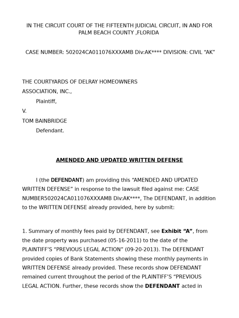 Amended Defense in HOA Lawsuit | PDF | Lawsuit | Common Law