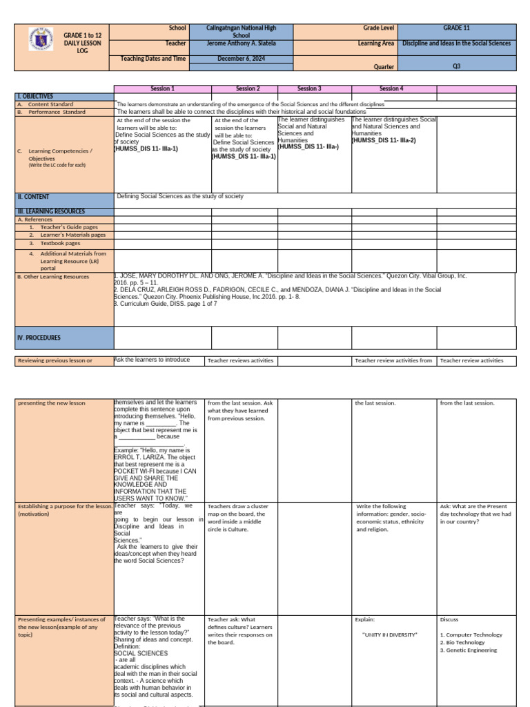 Grade 11 Social Sciences Lesson Plan | PDF | Learning | Social Sciences