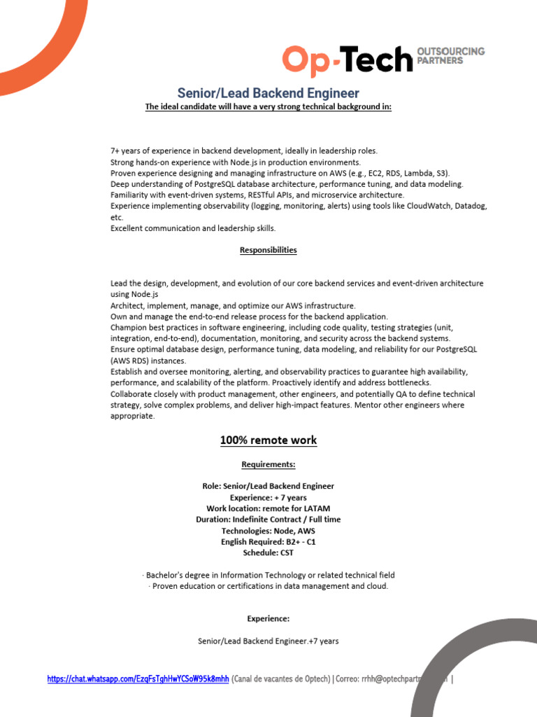 Senior Backend Engineer Position at Optech | PDF | Amazon Web Services ...