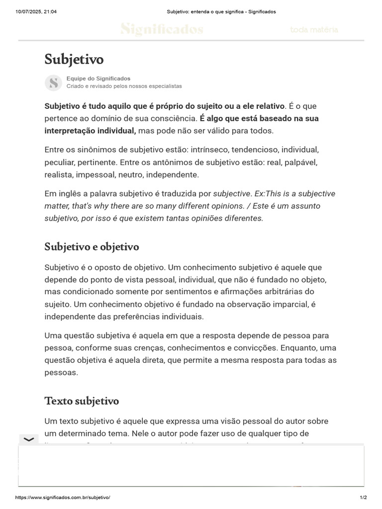 O que é Subjetivo: Definição e Exemplos | PDF | Conhecimento | Autor