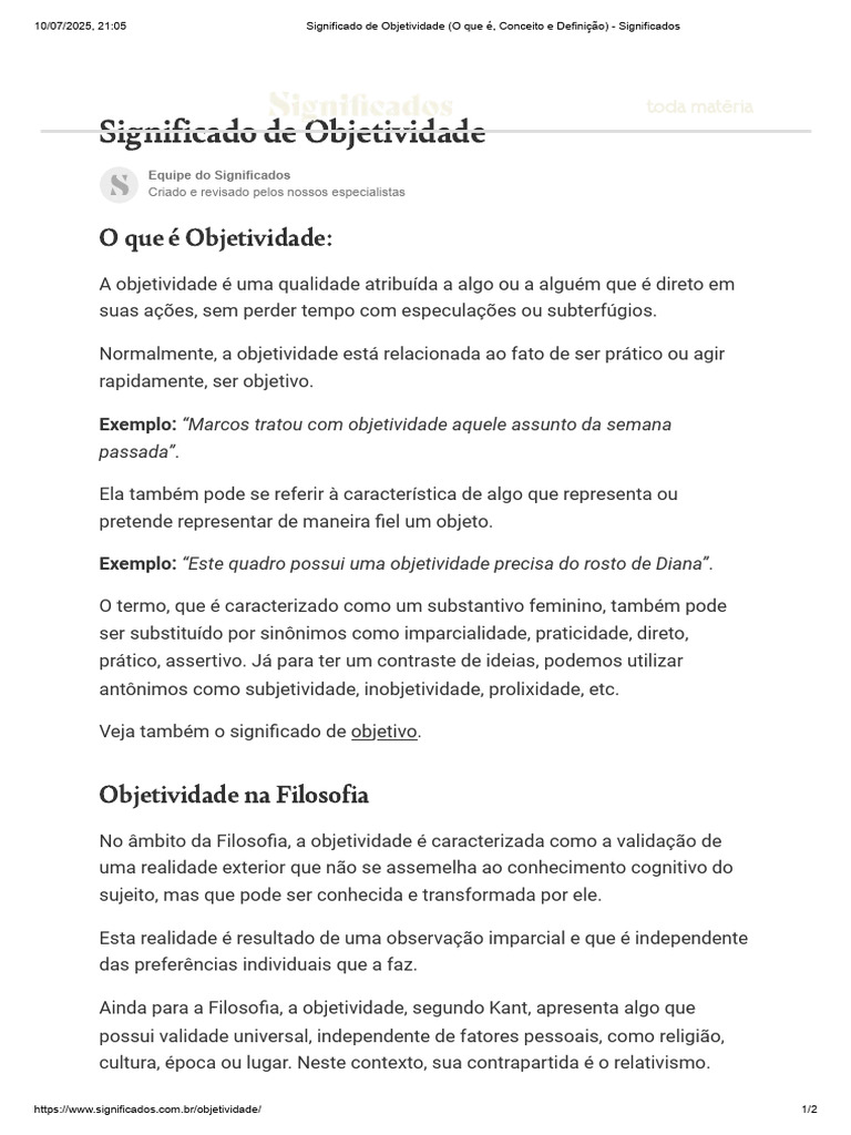 Definição e Significado de Objetividade | PDF | Realidade | Educação em ...