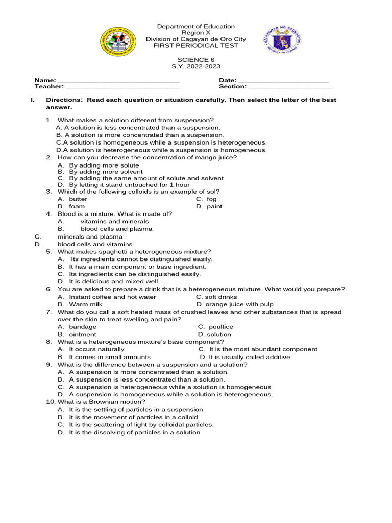 Grade 6 Science 1st Quarter Exam | PDF | Mixture | Suspension (Chemistry)