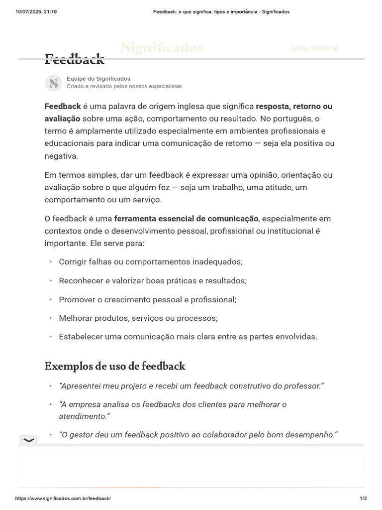 Importância e Tipos de Feedback | PDF | Comentários | Comunicação
