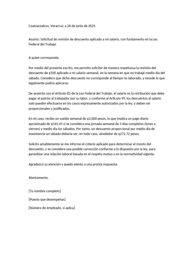 Solicitud de revisión de descuento salarial | PDF