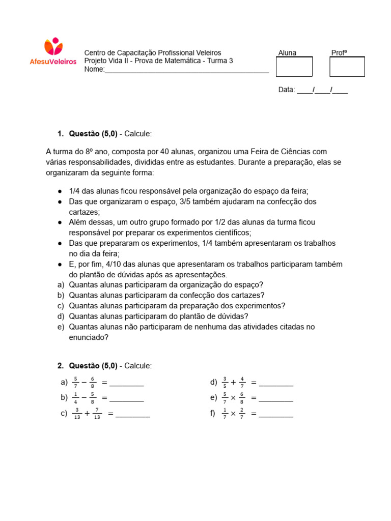 Prova de Matemática - Projeto Vida II | PDF