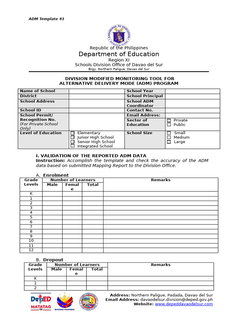 ADM Monitoring Tool for Schools | PDF