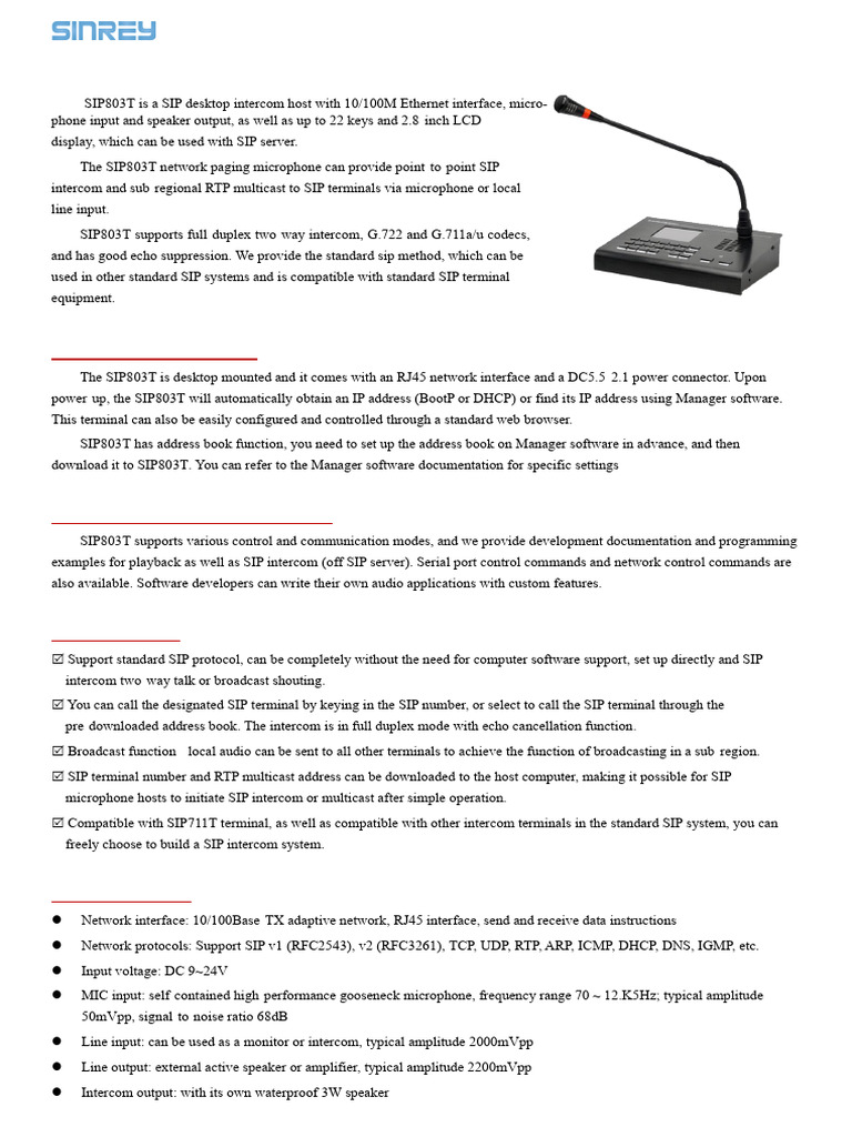 SIP803T Network Microphone Host | PDF | Session Initiation Protocol ...
