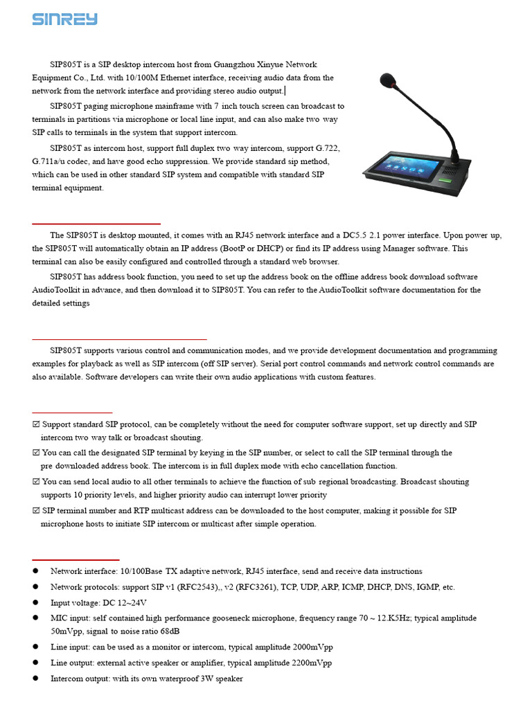 SIP805T Touch Paging Microphone Overview | PDF | Session Initiation ...