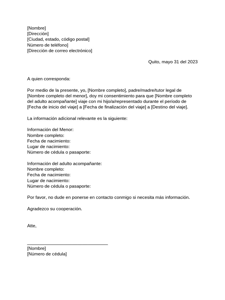 Carta de Autorizacion para Viajar Con Menor | PDF