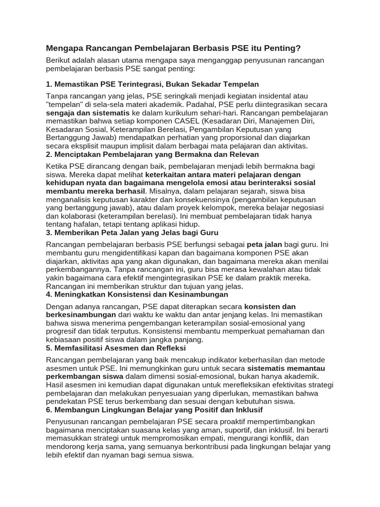 Pentingnya Rancangan Pembelajaran PSE | PDF